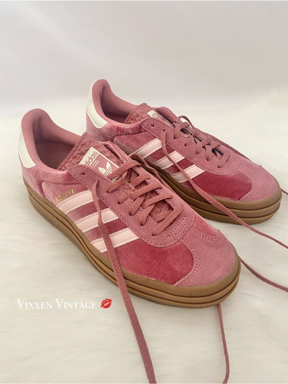 ADIDAS TIERED PLATFORM 'WOMEN'S GAZELLE BOLD VELVET SNEAKERS' IN SANDY PINK - Picture 4 of 10